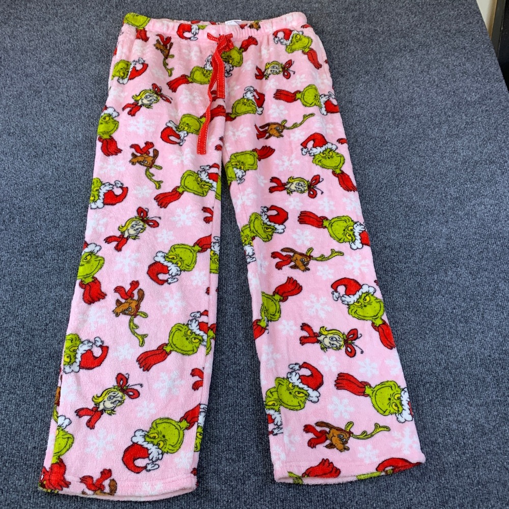 Dr. Seuss The Grinch Pajama Pants Womens Medium Pink Plush Fleece Holiday